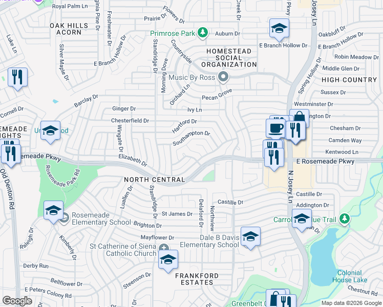 map of restaurants, bars, coffee shops, grocery stores, and more near 1717 Devon Drive in Carrollton