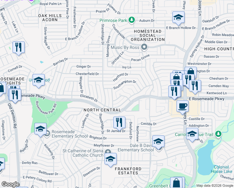map of restaurants, bars, coffee shops, grocery stores, and more near 3713 Grasmere Drive in Carrollton