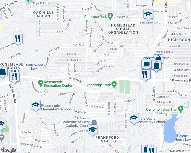 map of restaurants, bars, coffee shops, grocery stores, and more near 3713 Grasmere Drive in Carrollton