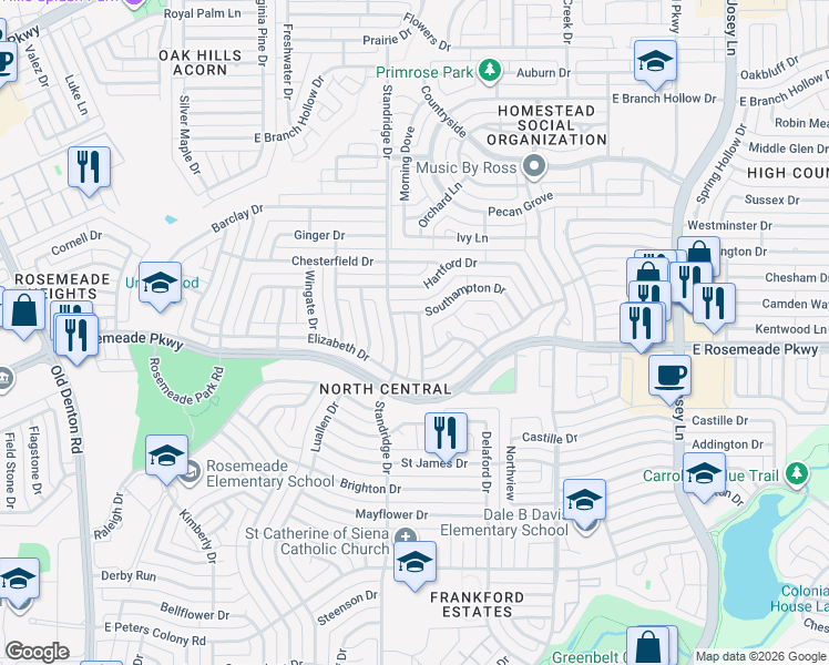 map of restaurants, bars, coffee shops, grocery stores, and more near 3713 Grasmere Drive in Carrollton