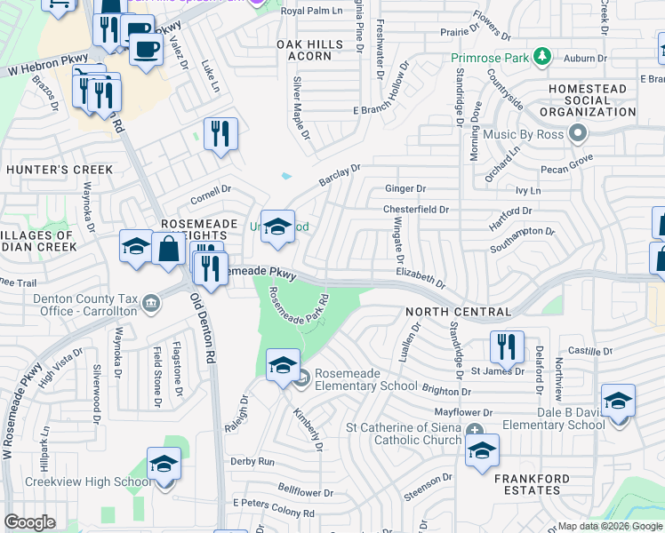 map of restaurants, bars, coffee shops, grocery stores, and more near 3700 Cromwell Drive in Carrollton