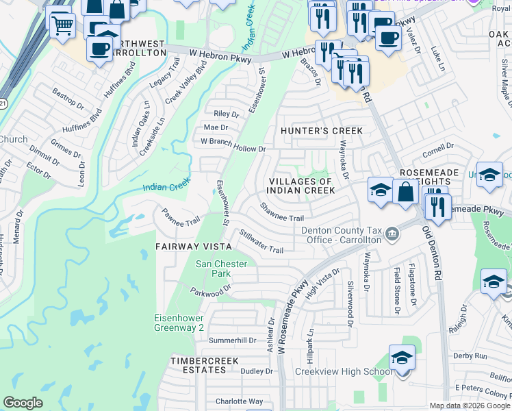 map of restaurants, bars, coffee shops, grocery stores, and more near 1212 Shawnee Trail in Carrollton