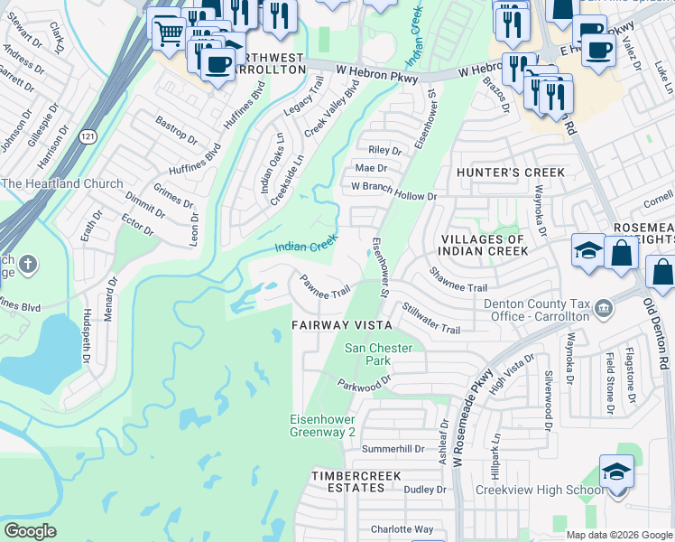 map of restaurants, bars, coffee shops, grocery stores, and more near 3806 Quivera Circle in Carrollton
