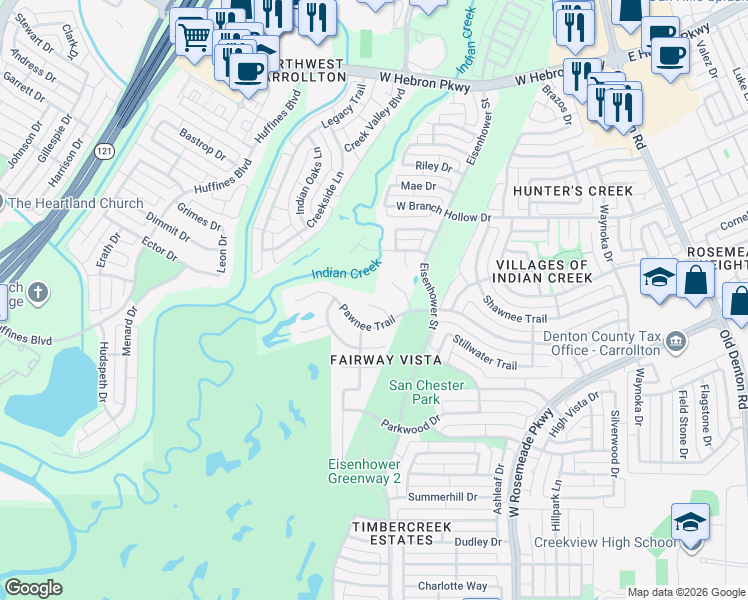 map of restaurants, bars, coffee shops, grocery stores, and more near 3806 Quivera Circle in Carrollton