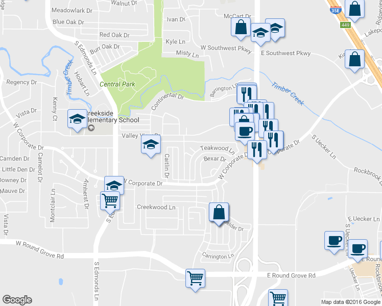 map of restaurants, bars, coffee shops, grocery stores, and more near 2212 Teakwood Ct in Lewisville
