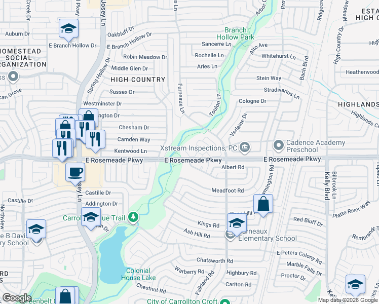 map of restaurants, bars, coffee shops, grocery stores, and more near 3707 Penny Lane in Carrollton