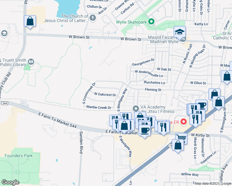 map of restaurants, bars, coffee shops, grocery stores, and more near 904 West Oakcrest Drive in Wylie