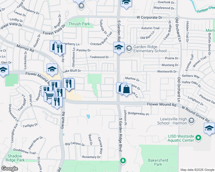 map of restaurants, bars, coffee shops, grocery stores, and more near 605 Pintail Place in Flower Mound