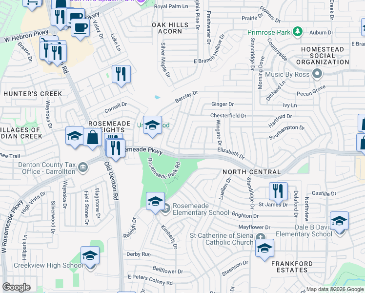 map of restaurants, bars, coffee shops, grocery stores, and more near 3700 Cromwell Drive in Carrollton
