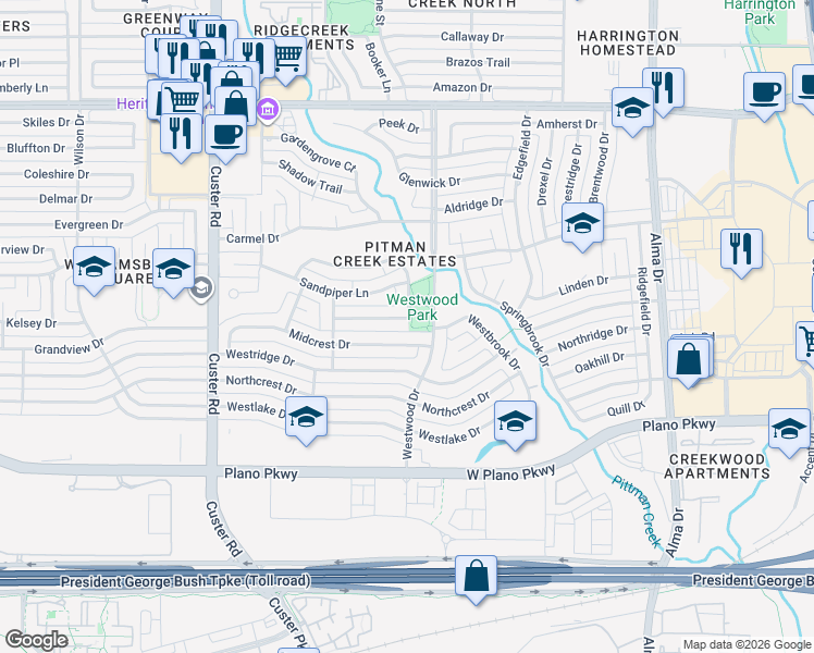map of restaurants, bars, coffee shops, grocery stores, and more near 1712 Ponciana Lane in Plano