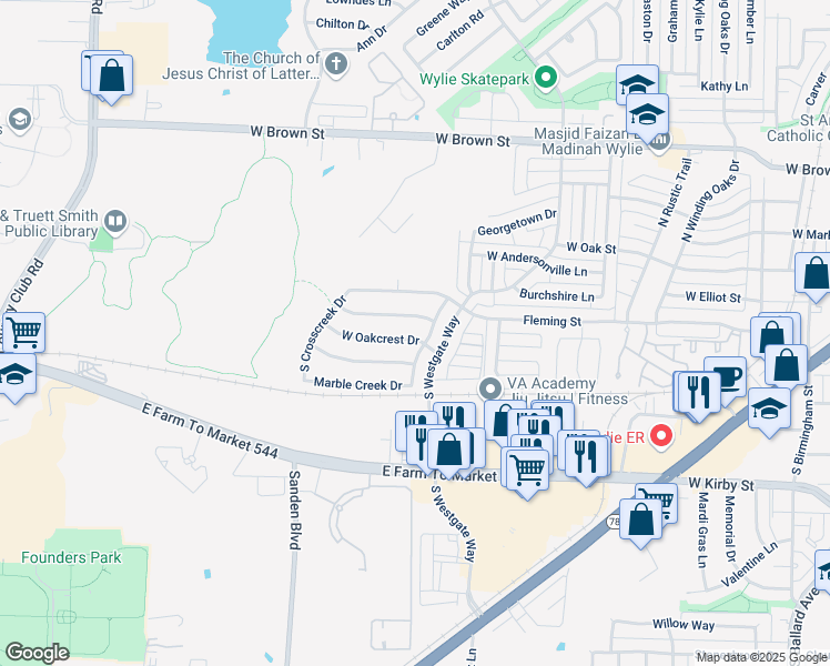 map of restaurants, bars, coffee shops, grocery stores, and more near 904 West Oakcrest Drive in Wylie