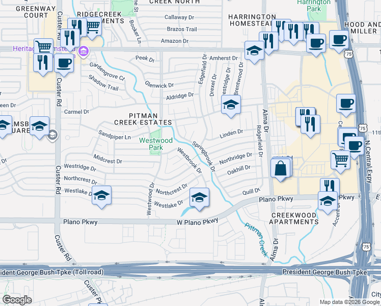 map of restaurants, bars, coffee shops, grocery stores, and more near 904 Westbrook Drive in Plano