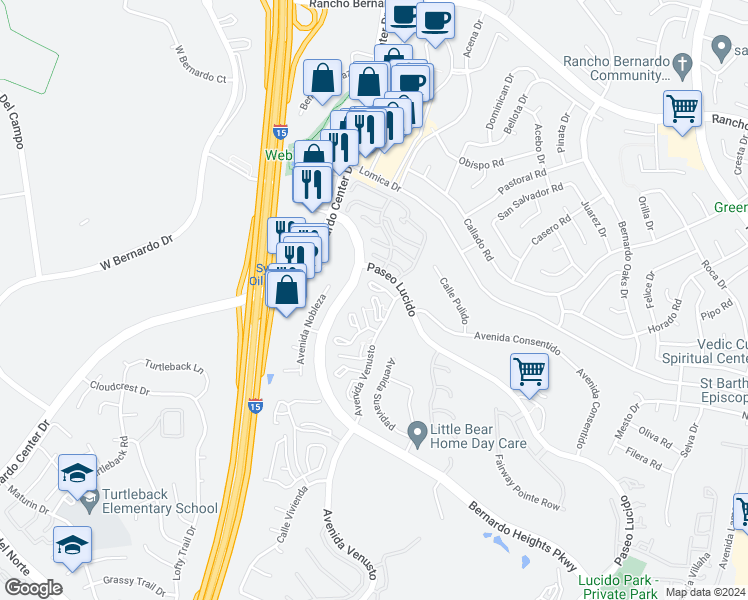 map of restaurants, bars, coffee shops, grocery stores, and more near 16464 Avenida Venusto in San Diego