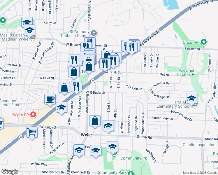 map of restaurants, bars, coffee shops, grocery stores, and more near 206 South 3rd Street in Wylie