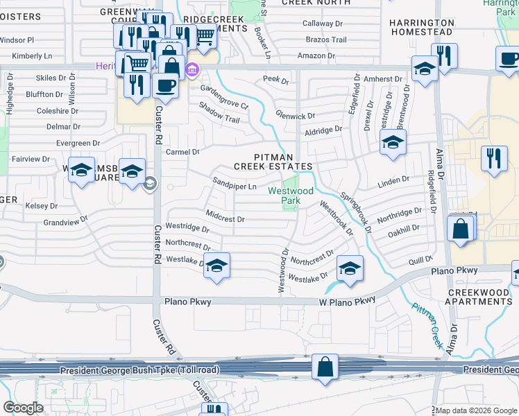 map of restaurants, bars, coffee shops, grocery stores, and more near 1732 Poinciana Lane in Plano