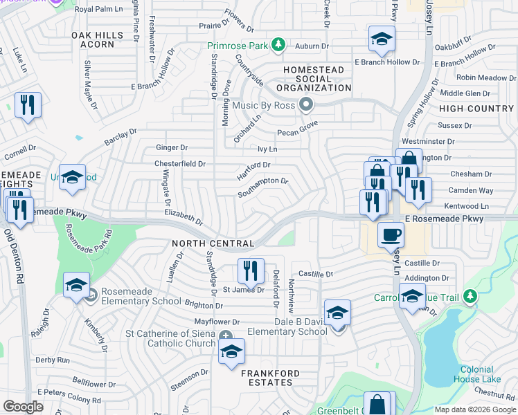 map of restaurants, bars, coffee shops, grocery stores, and more near 1717 Devon Drive in Carrollton