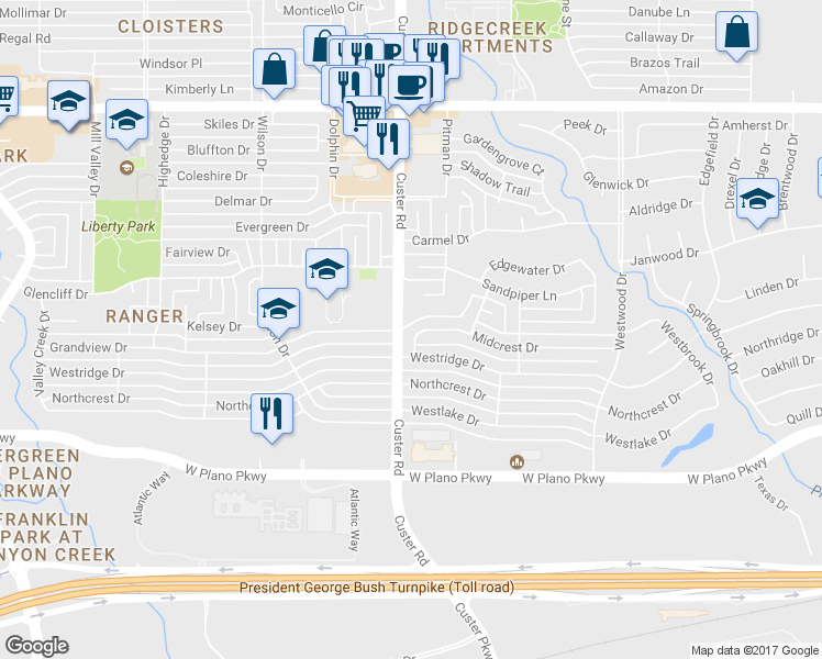 map of restaurants, bars, coffee shops, grocery stores, and more near 2037 Midcrest Drive in Plano