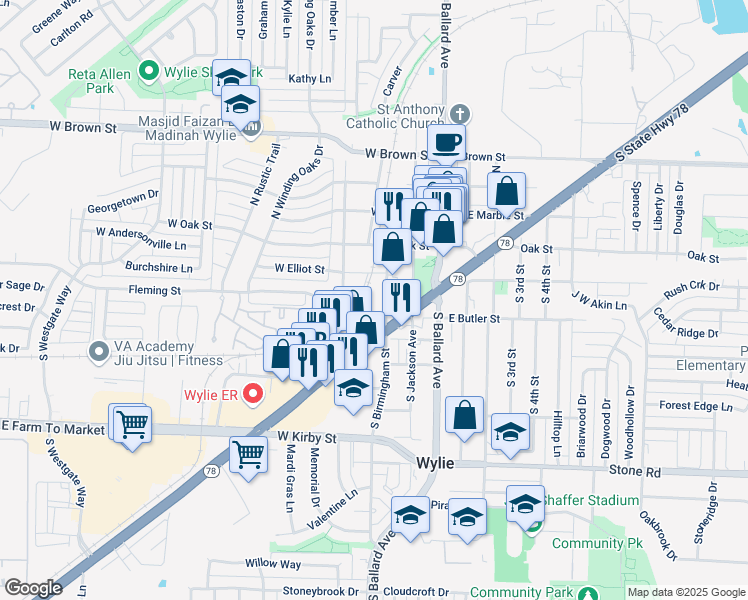 map of restaurants, bars, coffee shops, grocery stores, and more near 120 S Birmingham St in Wylie