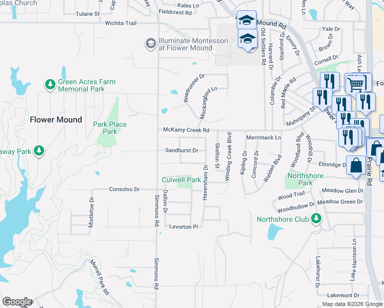 map of restaurants, bars, coffee shops, grocery stores, and more near 3609 Sandhurst Drive in Flower Mound