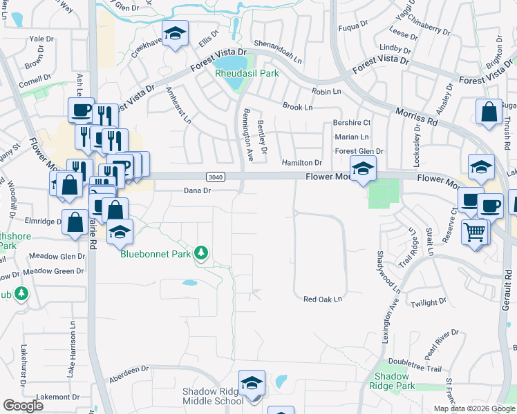 map of restaurants, bars, coffee shops, grocery stores, and more near 2104 Heather Ridge Court in Flower Mound