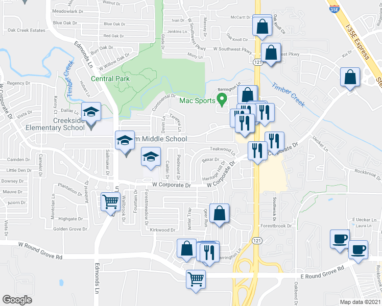 map of restaurants, bars, coffee shops, grocery stores, and more near 2212 Teakwood Ct in Lewisville