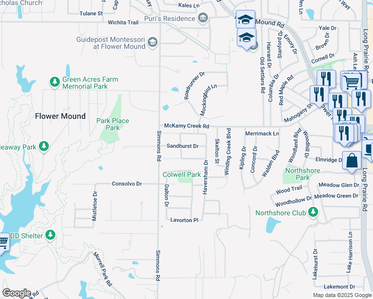 map of restaurants, bars, coffee shops, grocery stores, and more near 3609 Sandhurst Dr in Flower Mound