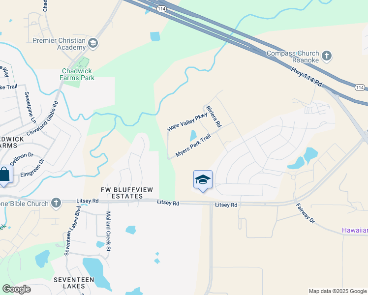 map of restaurants, bars, coffee shops, grocery stores, and more near 981 Myers Park Trail in Roanoke