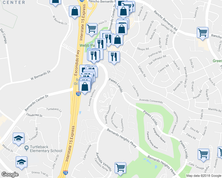 map of restaurants, bars, coffee shops, grocery stores, and more near 16464 Avenida Venusto in San Diego