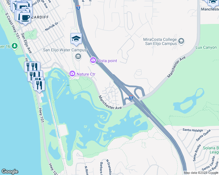 map of restaurants, bars, coffee shops, grocery stores, and more near 2459 Caminito Ocean Cove in Encinitas