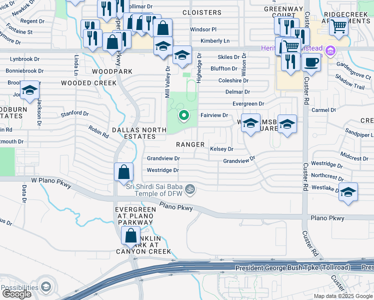 map of restaurants, bars, coffee shops, grocery stores, and more near 2608 Kelsey Court in Plano