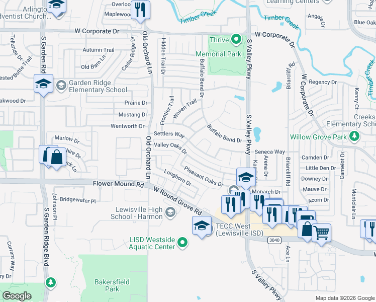 map of restaurants, bars, coffee shops, grocery stores, and more near 1201 Valley Oaks Drive in Lewisville