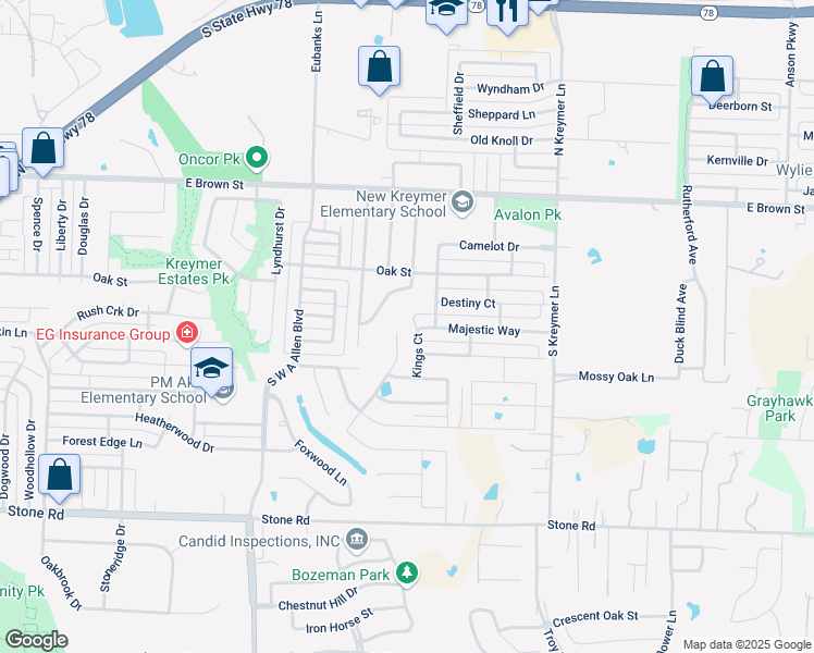map of restaurants, bars, coffee shops, grocery stores, and more near 207 Kings Court in Wylie