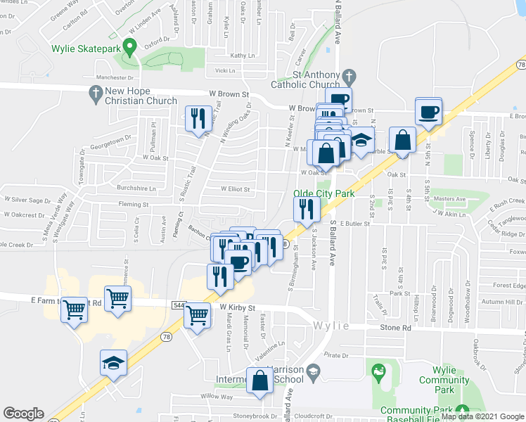 map of restaurants, bars, coffee shops, grocery stores, and more near 405 Fleming in Wylie