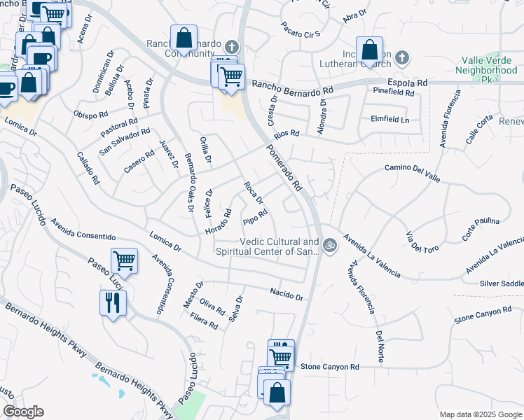 map of restaurants, bars, coffee shops, grocery stores, and more near 12470 Pipo Road in San Diego