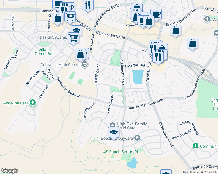 map of restaurants, bars, coffee shops, grocery stores, and more near 16488 Fox Valley Drive in San Diego