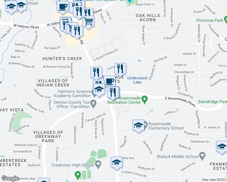map of restaurants, bars, coffee shops, grocery stores, and more near 1020 Vestal Lane in Carrollton
