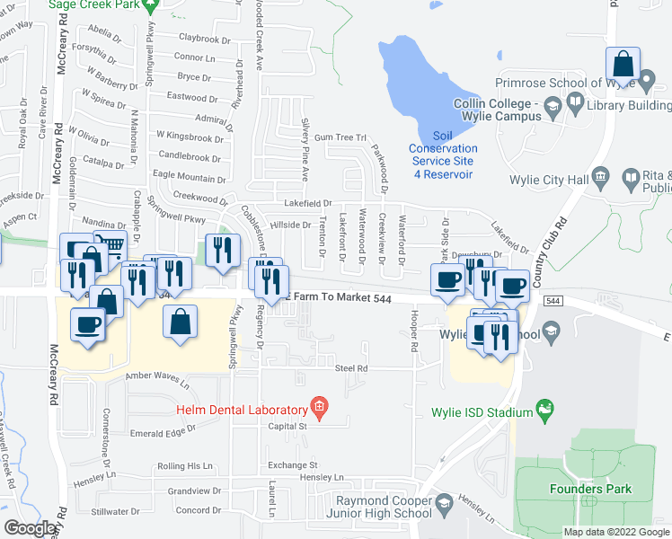 map of restaurants, bars, coffee shops, grocery stores, and more near 313 Lakefront Drive in Wylie