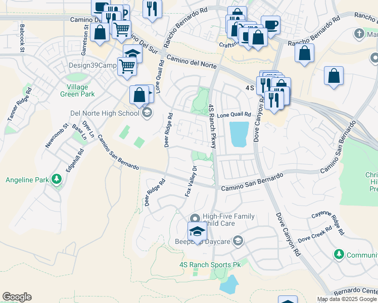 map of restaurants, bars, coffee shops, grocery stores, and more near 16488 Fox Valley Drive in San Diego