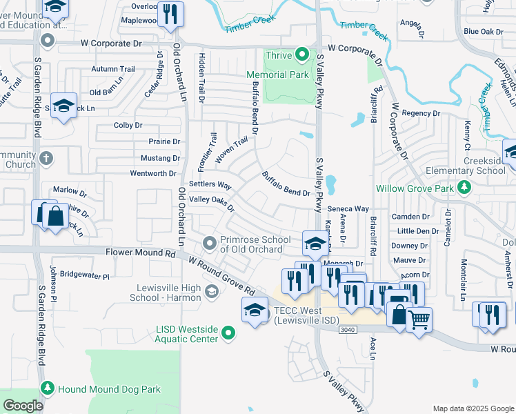 map of restaurants, bars, coffee shops, grocery stores, and more near 2046 Sienna Trail in Lewisville