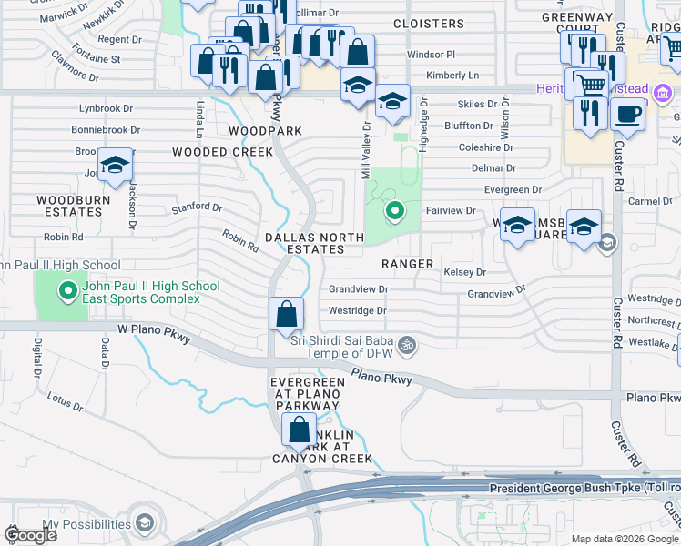 map of restaurants, bars, coffee shops, grocery stores, and more near 2712 Arborcove Drive in Plano