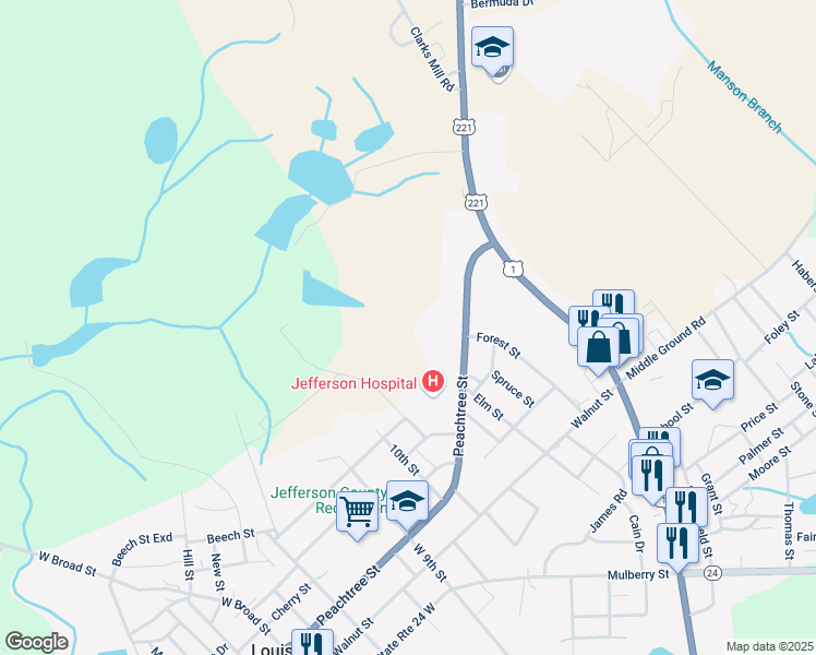 map of restaurants, bars, coffee shops, grocery stores, and more near 1101 Peachtree Street in Louisville