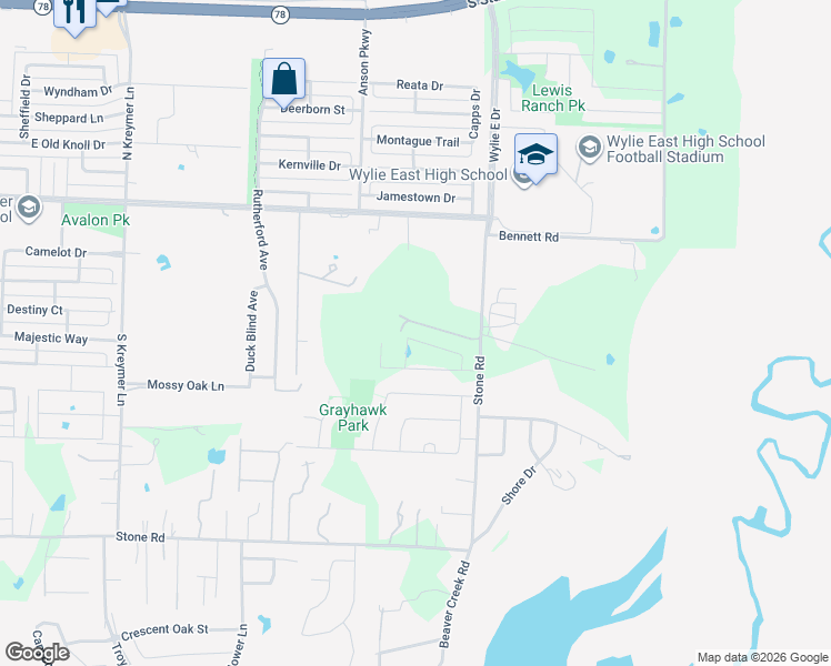 map of restaurants, bars, coffee shops, grocery stores, and more near 2655 East Stone Road in Wylie