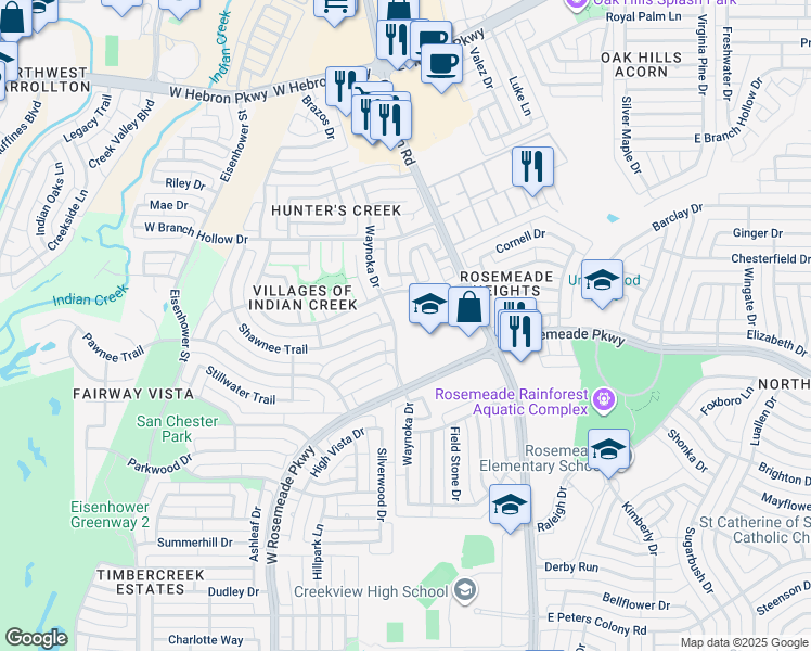 map of restaurants, bars, coffee shops, grocery stores, and more near 3752 Waynoka Drive in Carrollton