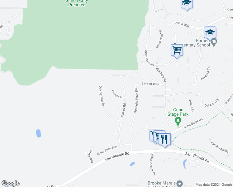 map of restaurants, bars, coffee shops, grocery stores, and more near 23434 Everett Place in Ramona