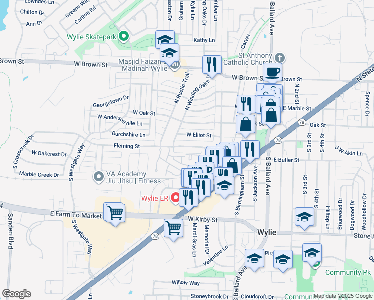 map of restaurants, bars, coffee shops, grocery stores, and more near 429 Fleming St in Wylie