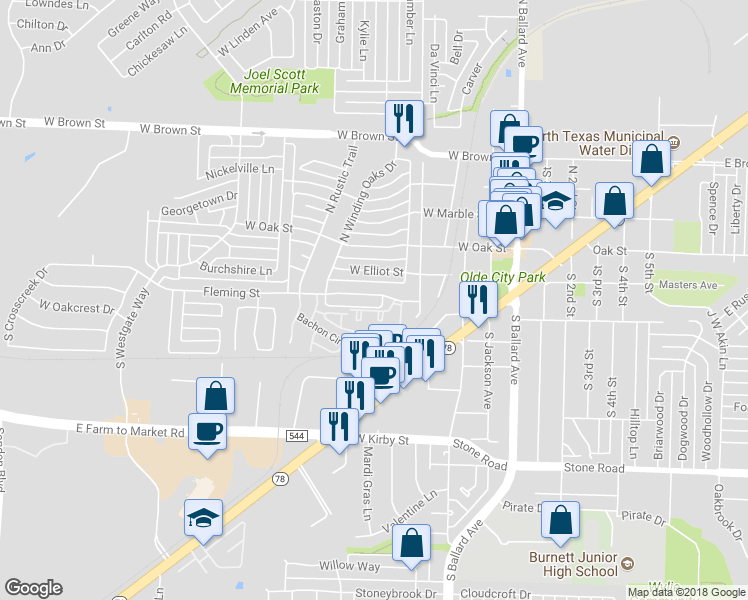 map of restaurants, bars, coffee shops, grocery stores, and more near 415 Fleming in Wylie
