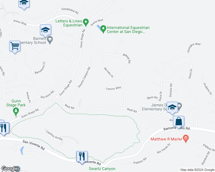 map of restaurants, bars, coffee shops, grocery stores, and more near 24540 Tesoro Way in Ramona