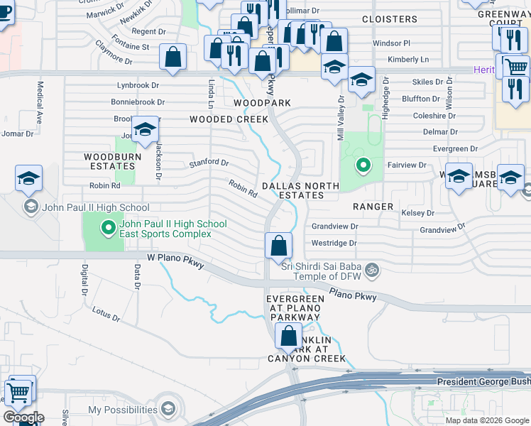 map of restaurants, bars, coffee shops, grocery stores, and more near 2901 Dartmouth Drive in Plano