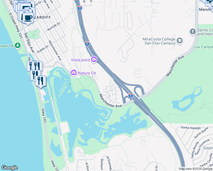 map of restaurants, bars, coffee shops, grocery stores, and more near 2421 Caminito Ocean Cove in Encinitas