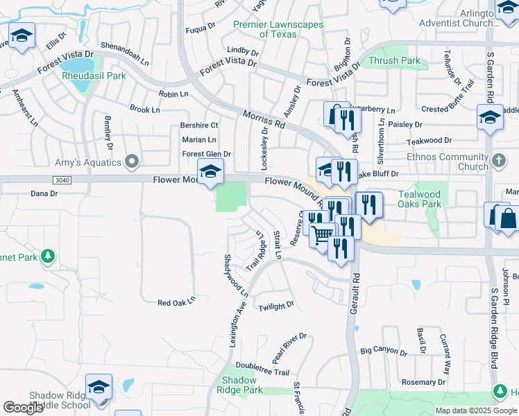 map of restaurants, bars, coffee shops, grocery stores, and more near 1933 Strait Lane in Flower Mound
